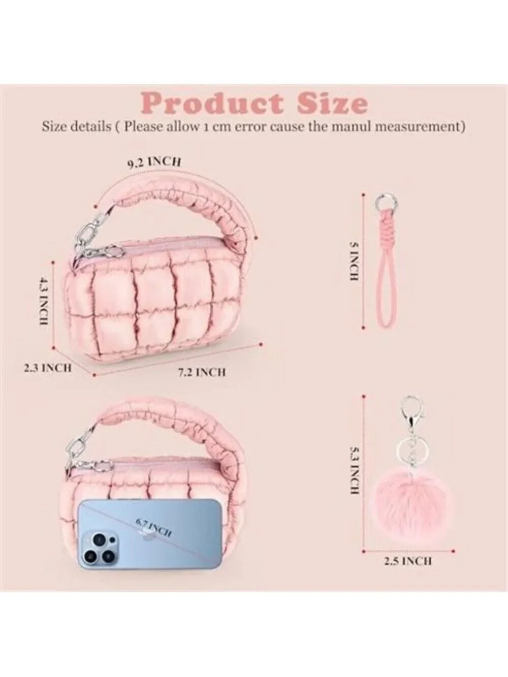 Women Pink Quilted Wristlet Bag Puffer Handbags Purse